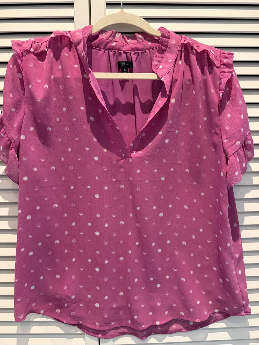 J. Crew Pink Polka Dot Ruffle Sleeve V-Neck Blouse